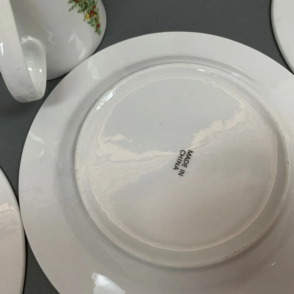 CIB Porcelain Christmas Tree White Soup Cereal Bowls Salad‎ Plates Cups Green